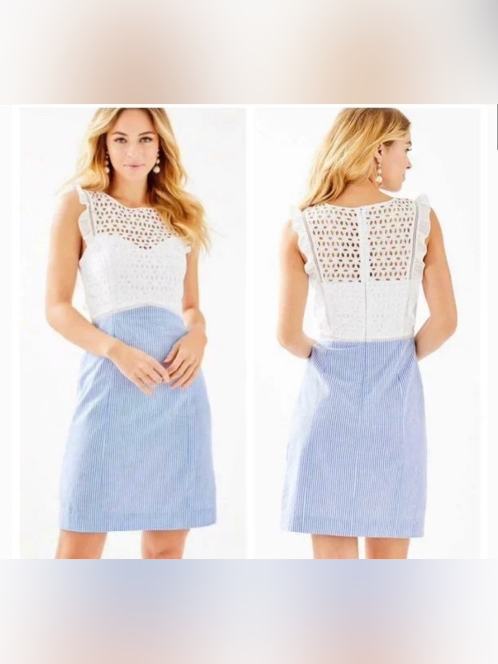 New LILLY PULITZER Maya Shift Sheath Dress Coastal Blue Seersucker Ruffle Eyelet